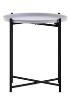 Round Grey Top Side Table with Black Iron Lattice Base | Trosa