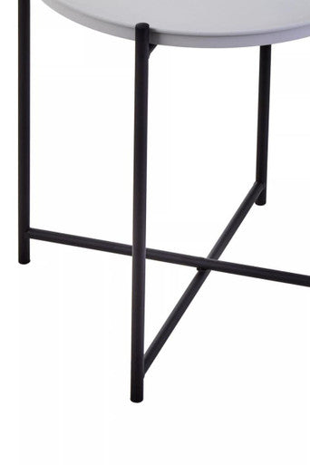 Round Grey Top Side Table with Black Iron Lattice Base | Trosa
