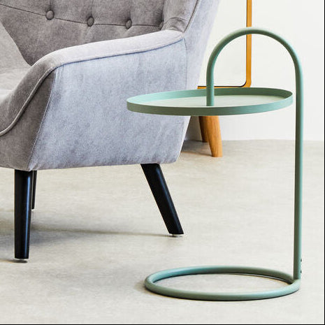 Green Round Top Side Table with Grey Finish Iron Hanging Frame | Trosa