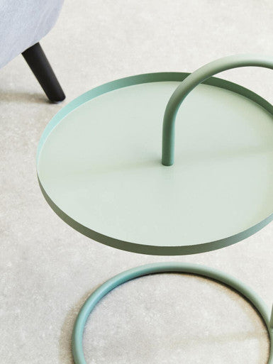 Green Round Top Side Table with Grey Finish Iron Hanging Frame | Trosa
