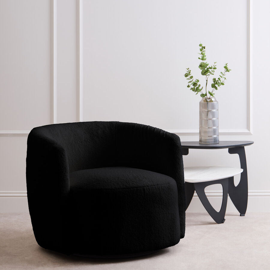 Black Boucle Effect Curved Lounge Chair with Swivel Base | Montreal