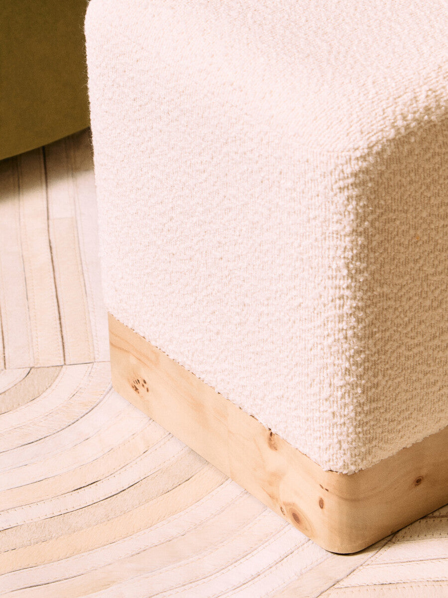 Burl Wood and Cream Boucle Square Stool | Mota