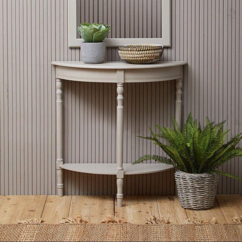 Grey Half Moon Wooden Console Table with 1 Lower Storage Shelf | Heritage