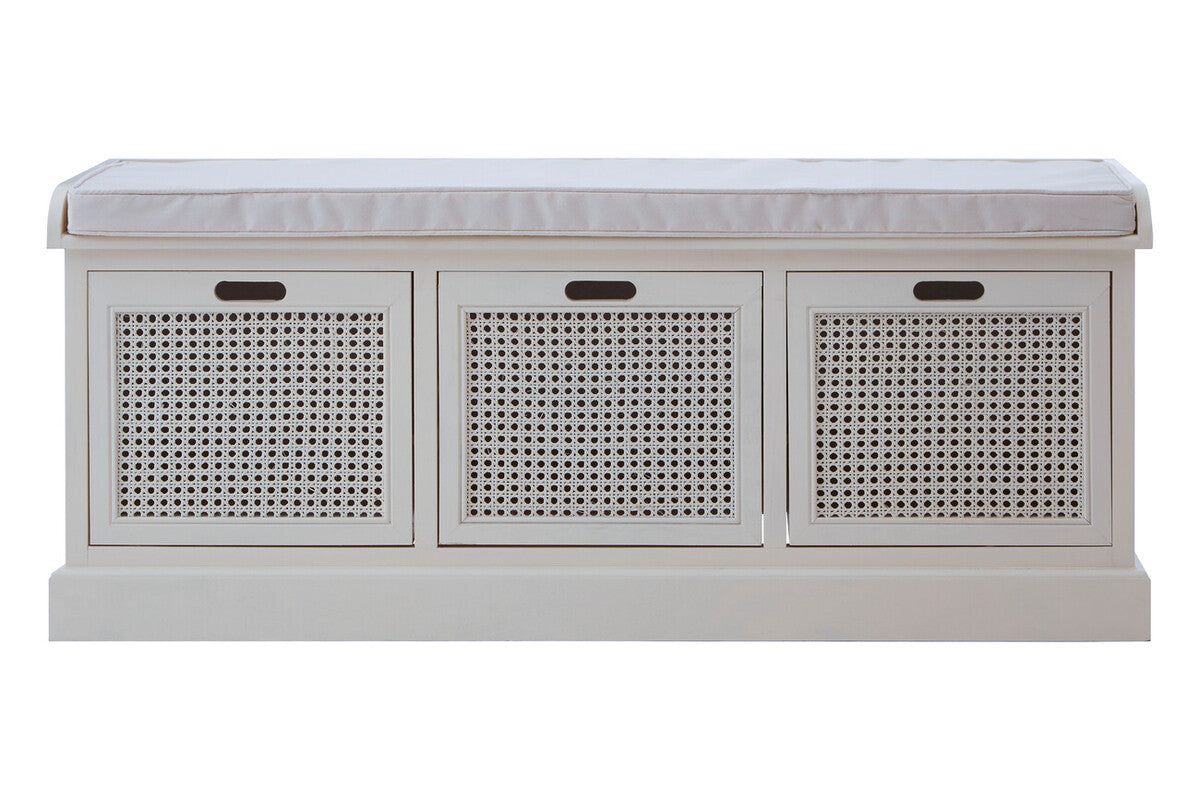 White Three Drawer Storage Bench with Cushion | Heritage