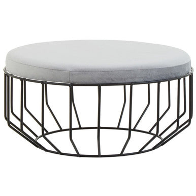 Round Grey Velvet and Black Metal Large Footstool | Hayes