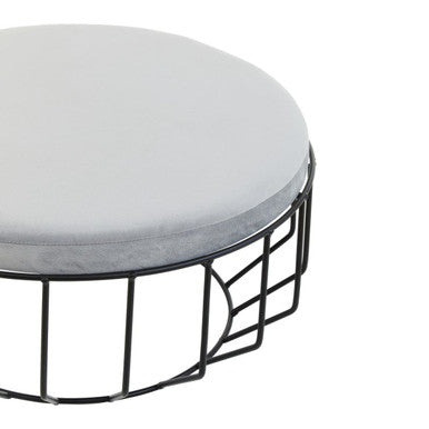 Round Grey Velvet and Black Metal Large Footstool | Hayes