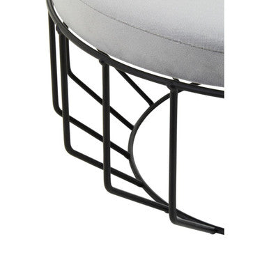 Round Grey Velvet and Black Metal Large Footstool | Hayes
