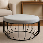 Round Grey Velvet and Black Metal Large Footstool | Hayes