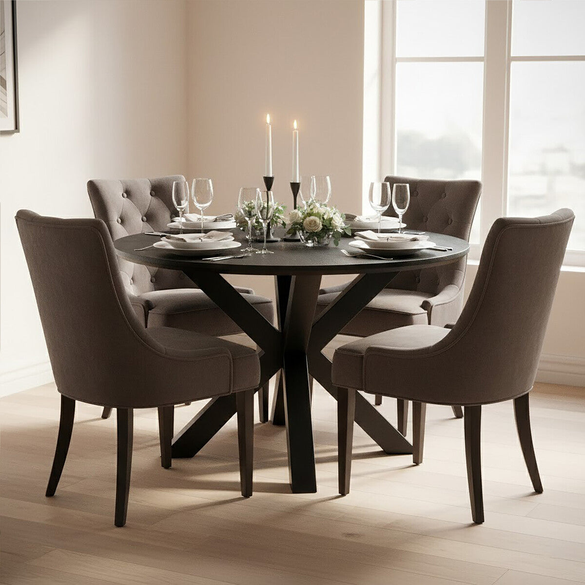 Black Wood Veneer Round Top Dining Table with Metal Legs | Salford