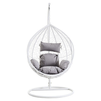 White Rattan Effect Hanging Chair with Grey Cushions | Goa