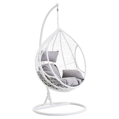 White Rattan Effect Hanging Chair with Grey Cushions | Goa