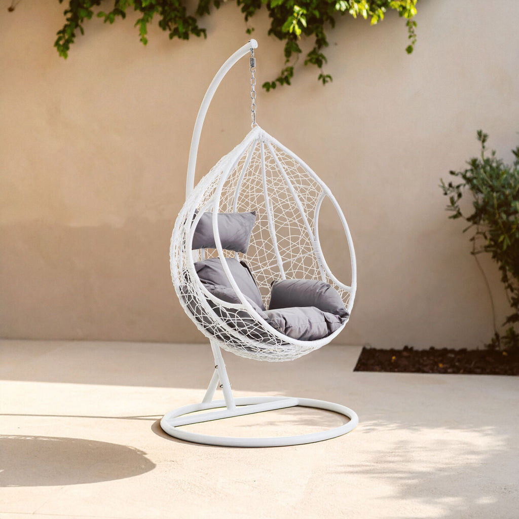 White Rattan Effect Hanging Chair with Grey Cushions | Goa