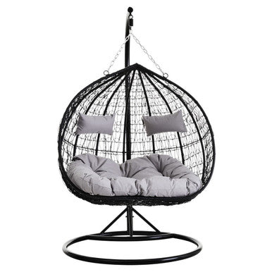 Black Rattan Effect Double Hanging Chair with Grey Cushions | Goa