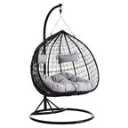Black Rattan Effect Double Hanging Chair with Grey Cushions | Goa