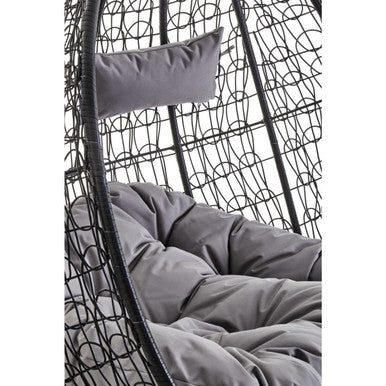 Black Rattan Effect Double Hanging Chair with Grey Cushions | Goa