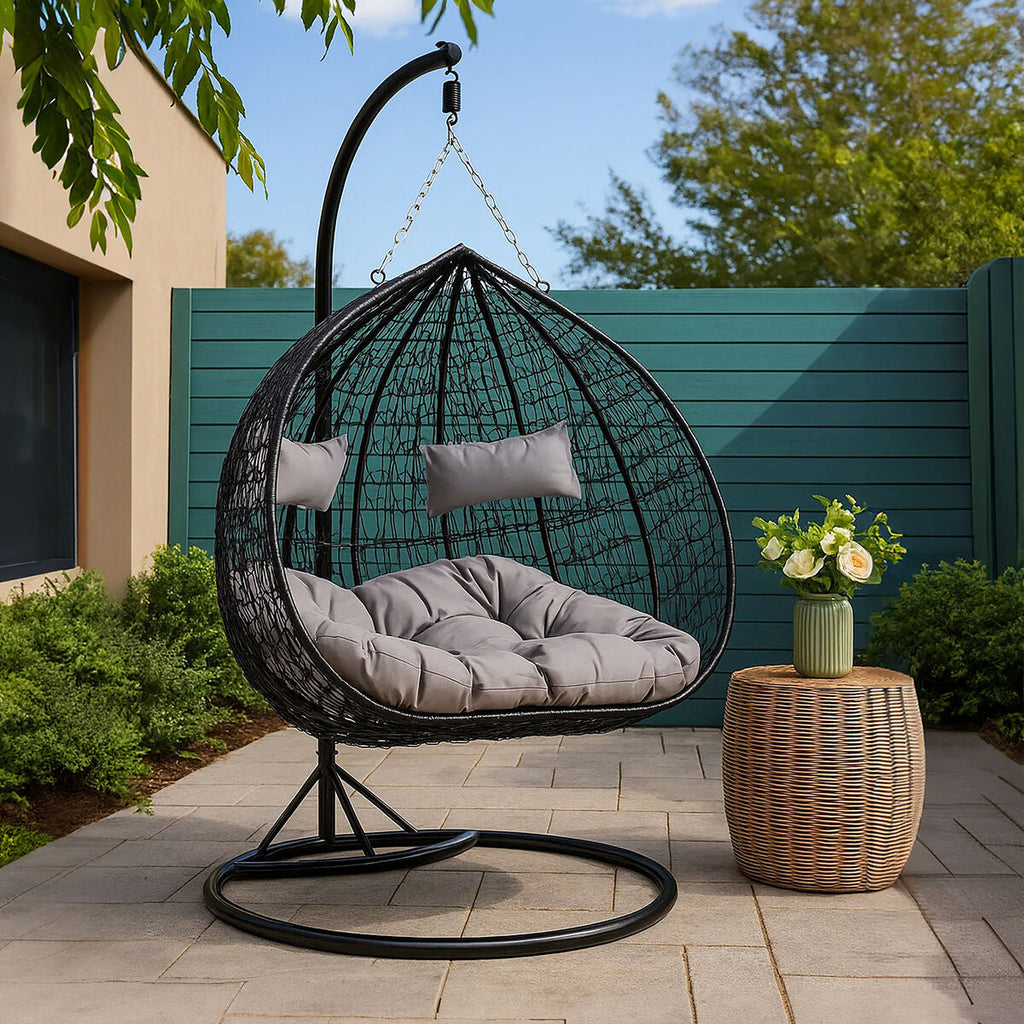 Black Rattan Effect Double Hanging Chair with Grey Cushions | Goa