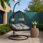 Black Rattan Effect Double Hanging Chair with Grey Cushions | Goa
