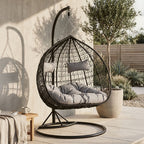 Black Rattan Effect Double Hanging Chair with Grey Cushions | Goa