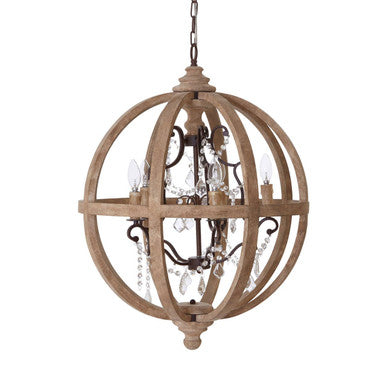 5 Arm Metal and Oak Wood Orb Chandelier | Pia