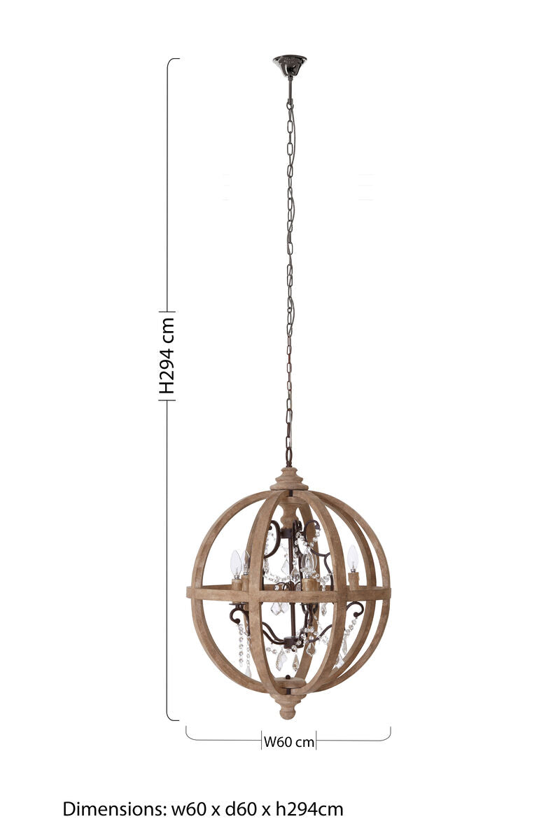 5 Arm Metal and Oak Wood Orb Chandelier | Pia