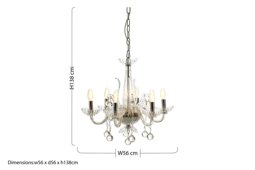 6 Bulb Clear Crystal Glass Chandelier | Morano