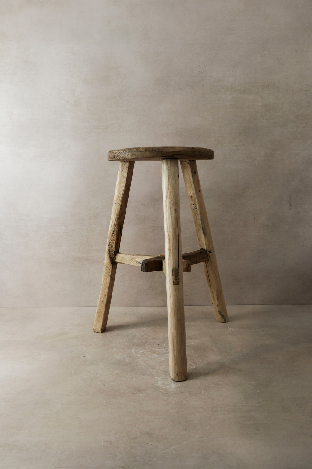 Vintage Rustic Elm Wood Stool - Round - No 4