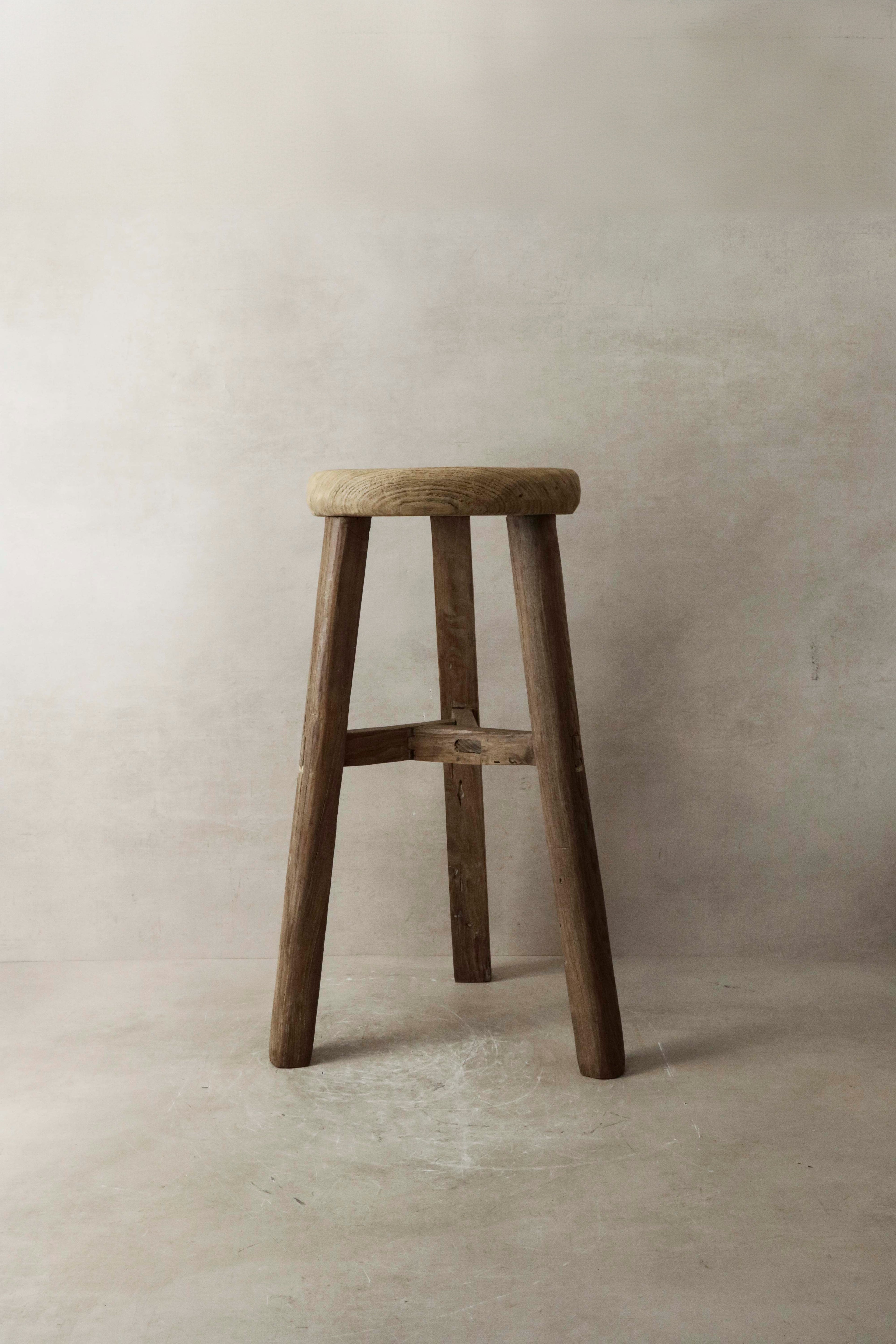 Vintage Rustic Elm Wood Stool - Round - No 7