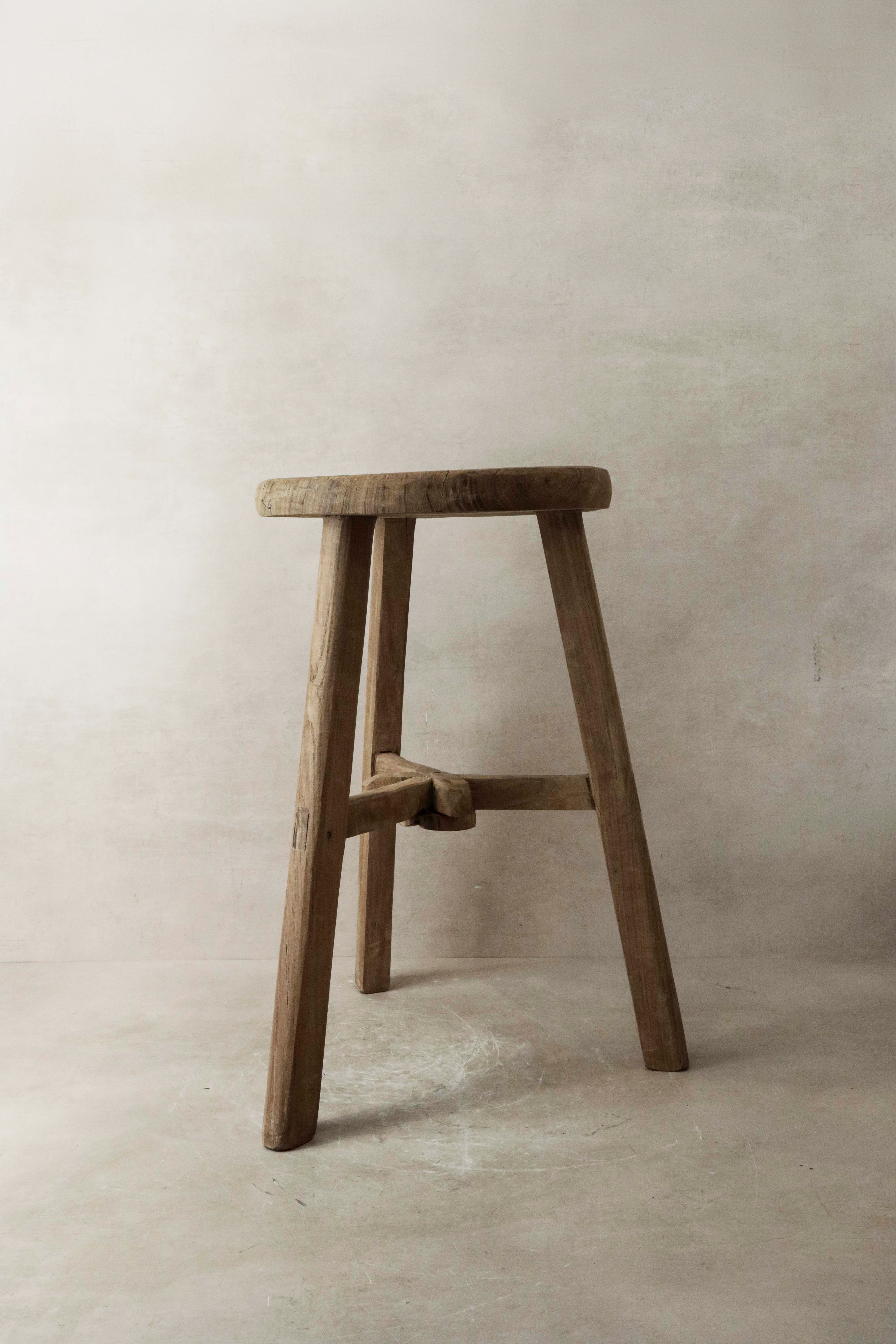 Vintage Rustic Elm Wood Stool - Round - No 9