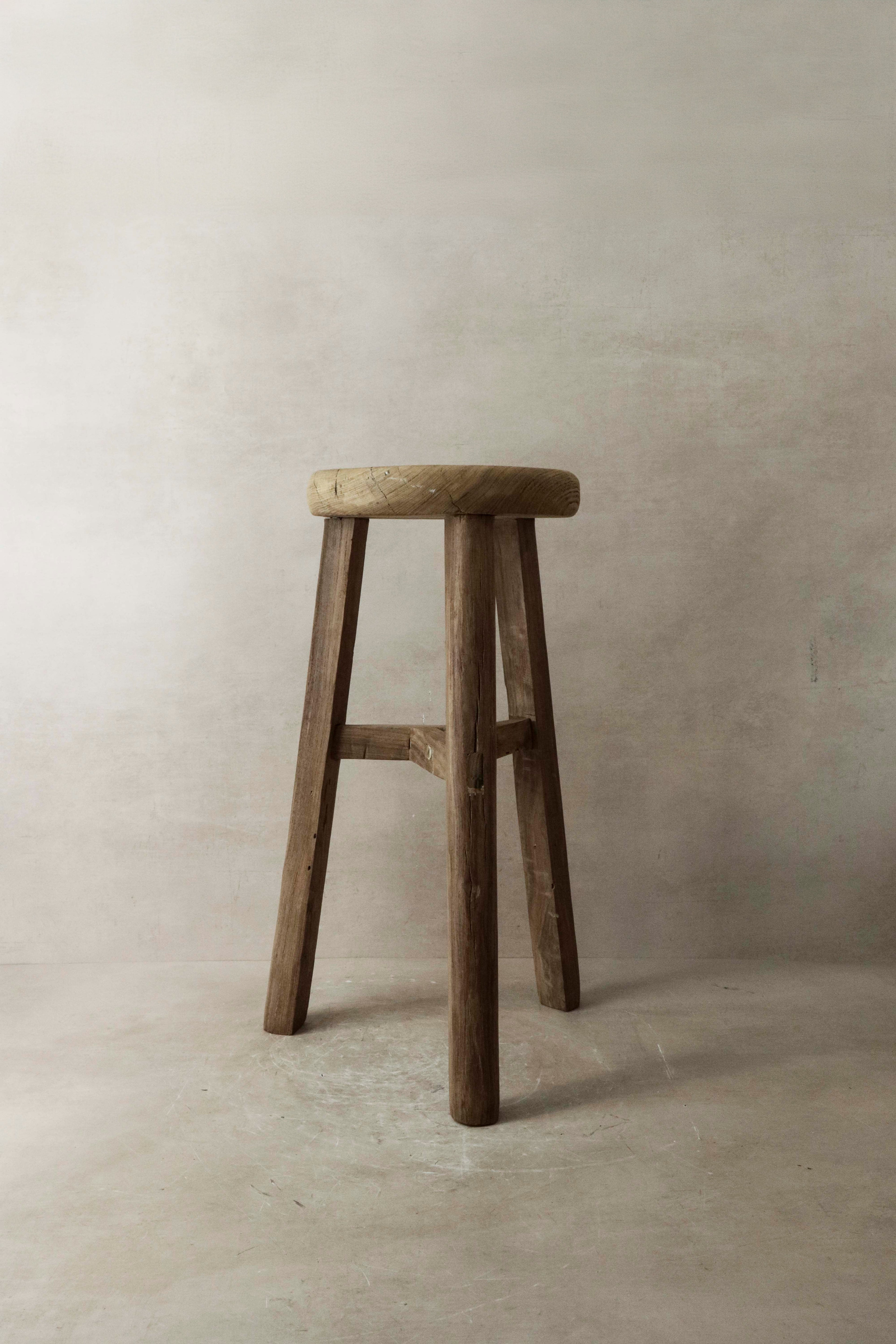 Vintage Rustic Elm Wood Stool - Round - No 7
