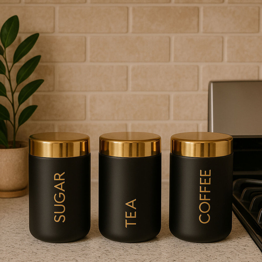 Set of 3 Black Enamel Tea Coffee and Sugar Canisters | Liberty