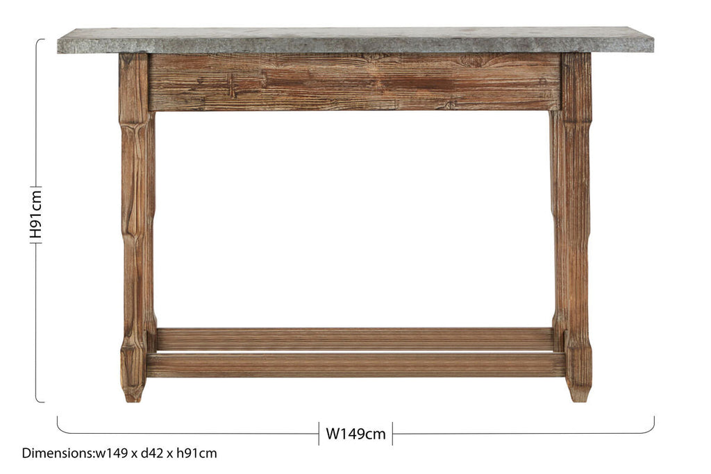 Grey Metal Top Console Table with Natural Carved Wooden Legs | Elementary