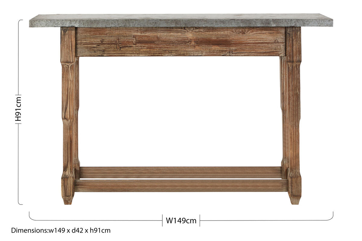 Grey Metal Top Console Table with Natural Carved Wooden Legs | Elementary