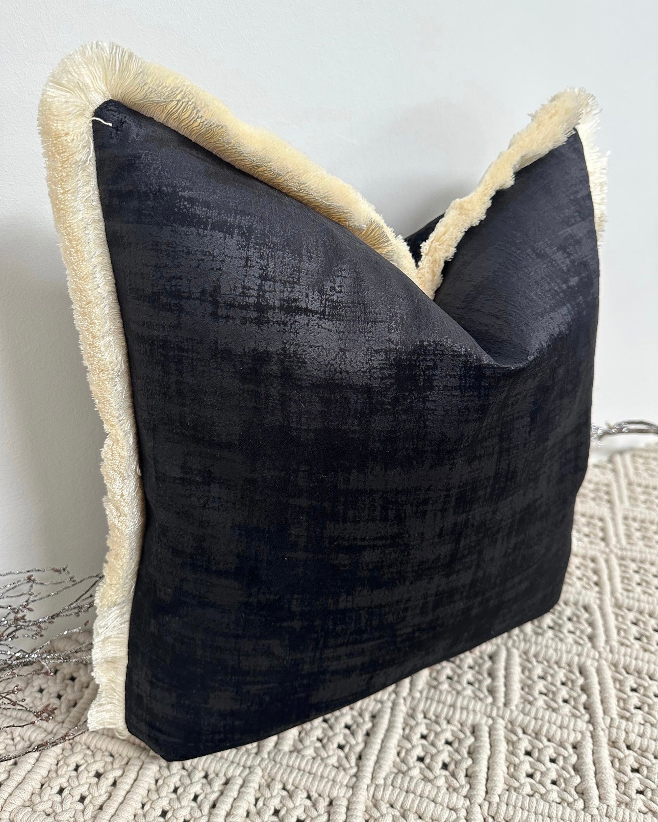 The Couture Cushion - The Black Dolce Fringed In Ivory - Style No. 134