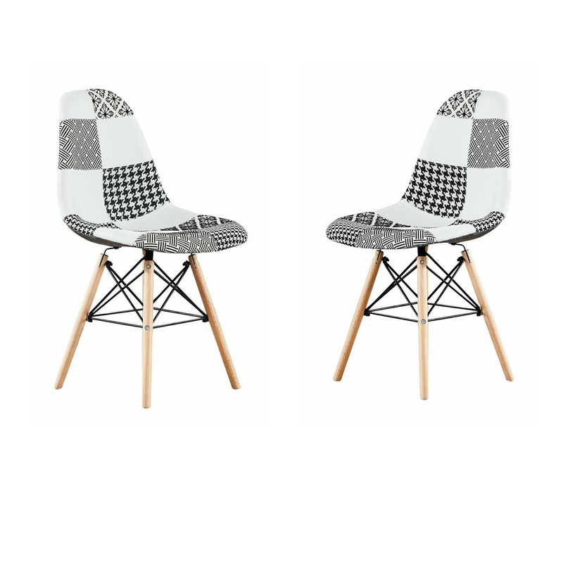 Black/White Patchwork Modern Dining Chair with Wooden Legs & Black Metal Wire Frame