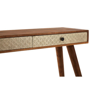 Natural Acacia Wood Console Table with Silver Metal Drawer Fronts | Boho