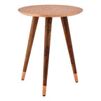 Gold Copper Finish Metal Top Side Table with Natural Wooden Legs | Boho