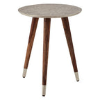 White Embossed Metal Top Side Table with Natural Tripod Wood Base | Boho