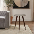 White Embossed Metal Top Side Table with Natural Tripod Wood Base | Boho
