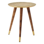 Gold Embossed Metal Top Side Table with Natural Tripod Wood Base | Boho