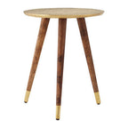 Gold Embossed Metal Top Side Table with Natural Tripod Wood Base | Boho