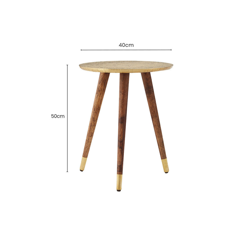 Gold Embossed Metal Top Side Table with Natural Tripod Wood Base | Boho