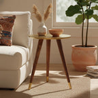 Gold Embossed Metal Top Side Table with Natural Tripod Wood Base | Boho