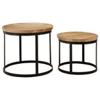 Set of 2 Natural Mango Wood Top Nesting Tables with Black Open Cage Metal Frame | Boho