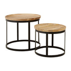 Set of 2 Natural Mango Wood Top Nesting Tables with Black Open Cage Metal Frame | Boho