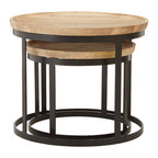 Set of 2 Natural Mango Wood Top Nesting Tables with Black Open Cage Metal Frame | Boho