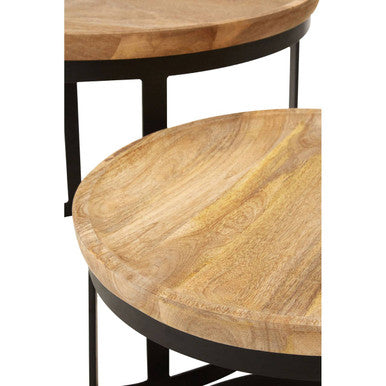 Set of 2 Natural Mango Wood Top Nesting Tables with Black Open Cage Metal Frame | Boho
