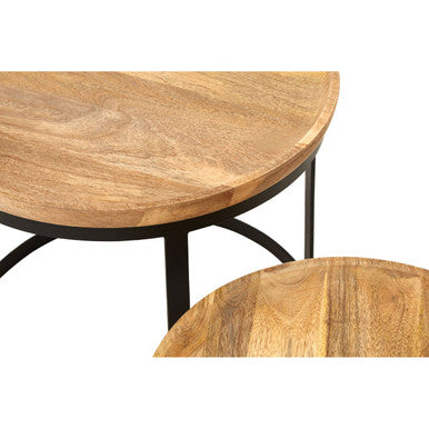 Set of 2 Natural Mango Wood Top Nesting Tables with Black Open Cage Metal Frame | Boho