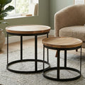 Set of 2 Natural Mango Wood Top Nesting Tables with Black Open Cage Metal Frame | Boho