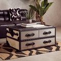 Black and White Cowhide Coffee Table with 3 Drawers and Leather Trim | Kensington Townhouse