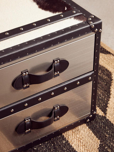 Black and White Cowhide Coffee Table with 3 Drawers and Leather Trim | Kensington Townhouse
